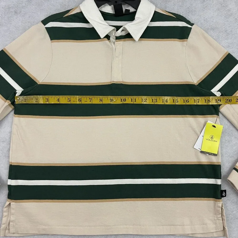 Volcom Polo Shirt Girls Size XL 14-16 Long Sleeve Beige Striped Rugby NEW